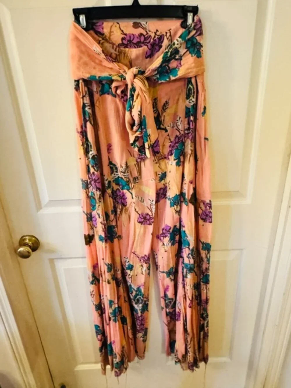 Free People FP Aloha One Boho Chick Floral Print Wide Leg Pants Light Pink Large